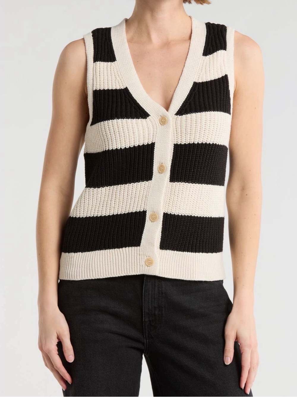 Sanctuary Black and Cream Striped V-Neck Sweater Vest